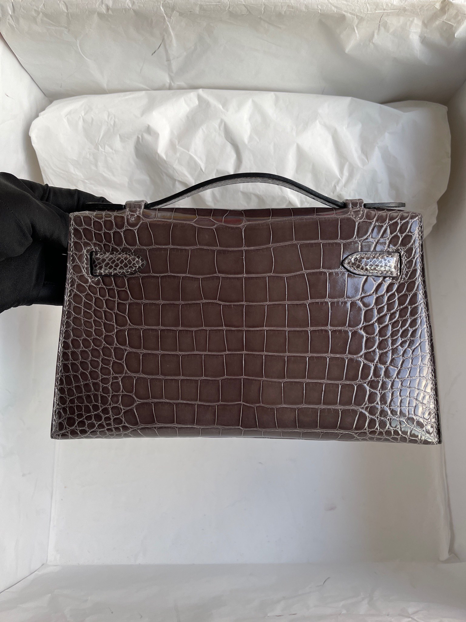 에르메스 켈리22 포쉐트 그레이 은장 샤이니 악어가죽